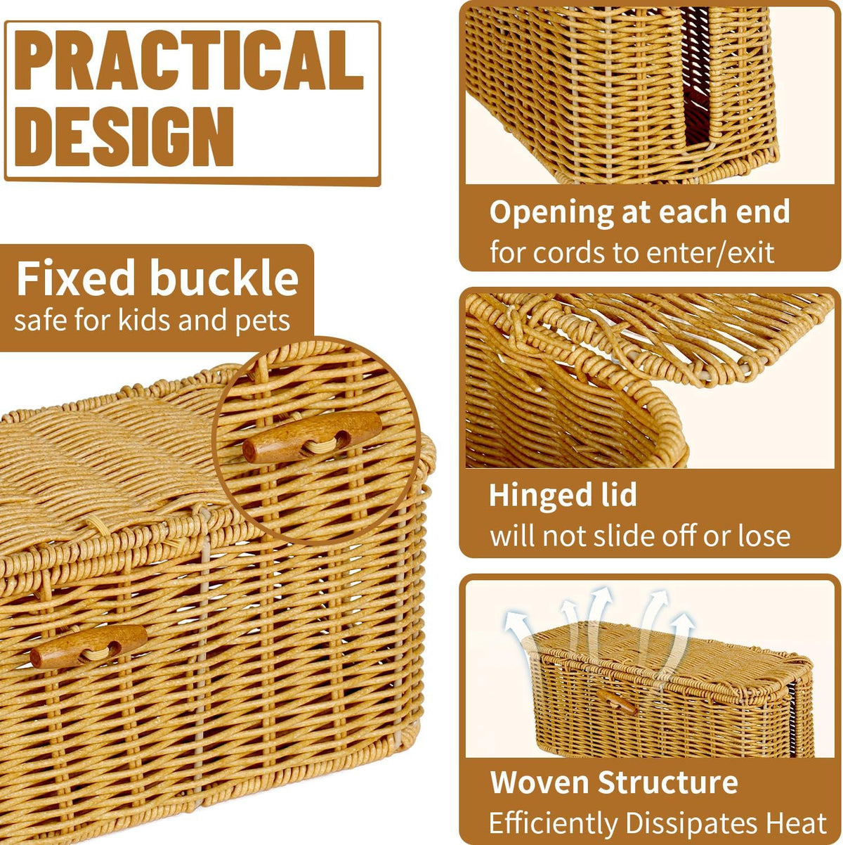 2 Pcs Handwoven Rattan Cable Management Box,Cord Organizer Box with Lid,Open-Slot Cord Hiding Basket,Decorative Storage Box for Hiding Computers, Tv, Power Sockets, USB Hubs