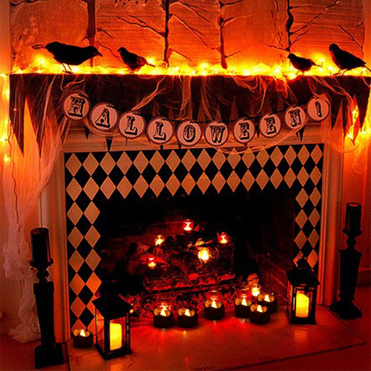 eLander Halloween Decorations Candles Tea Lights, Battery Operated, Flickering Flameless [12 Pack ¨C Amber Yellow]