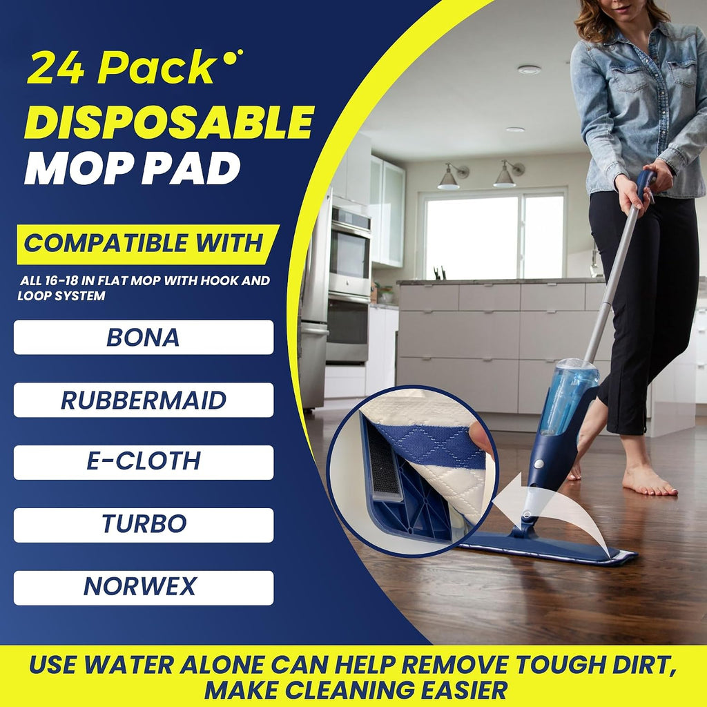 24-Pack Disposable Microfiber Pads for 16-18" Flat Mop, for Bona/Rubbermaid