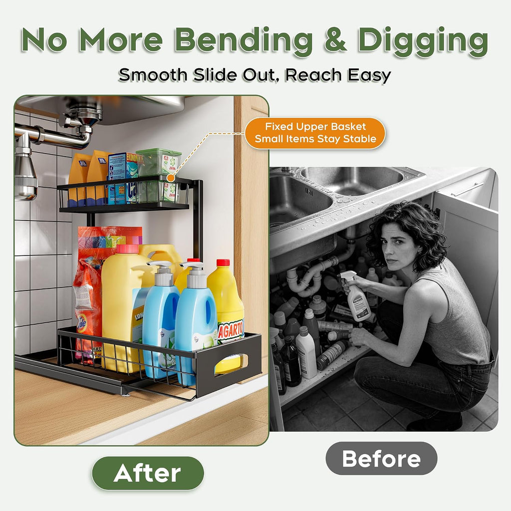 Under Sink Organizer, 1-Pack L-Shaped Metal Pull-Out Drawers for Kitchen