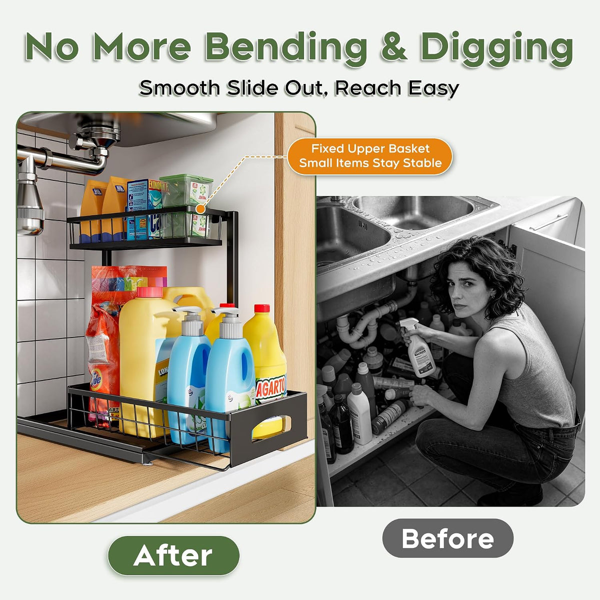 Under Sink Organizer, 1-Pack L-Shaped Metal Pull-Out Drawers for Kitchen