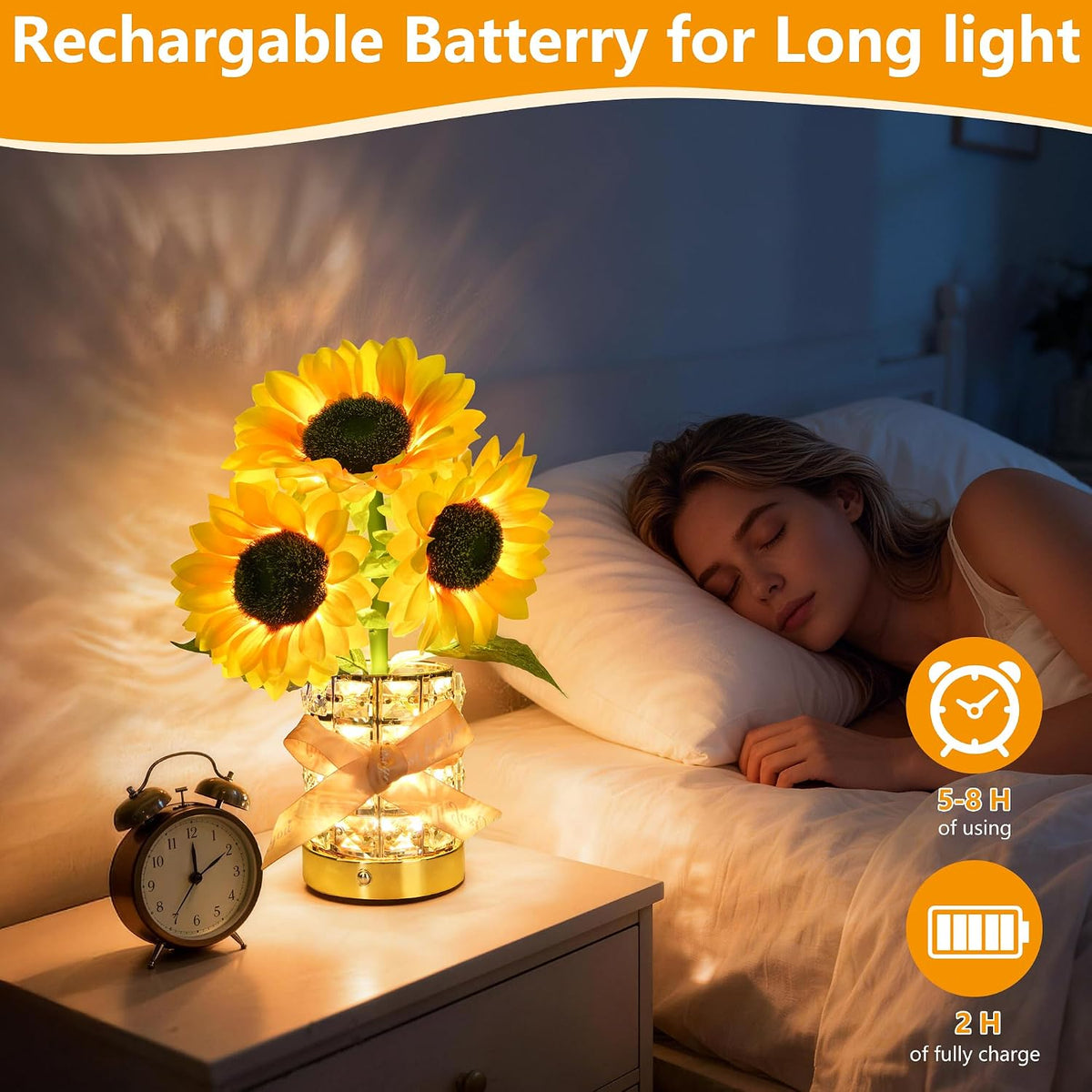 Handmade Sunflower Lamp, Rechargeable Cordless Touch Table Lamp, 3-Colour Infinitely Dimming Small Night Light, Festival Restaurant Bedroom Bar Coffee Shop Birthday Gifts for Women Mom, 3 Sunflowers