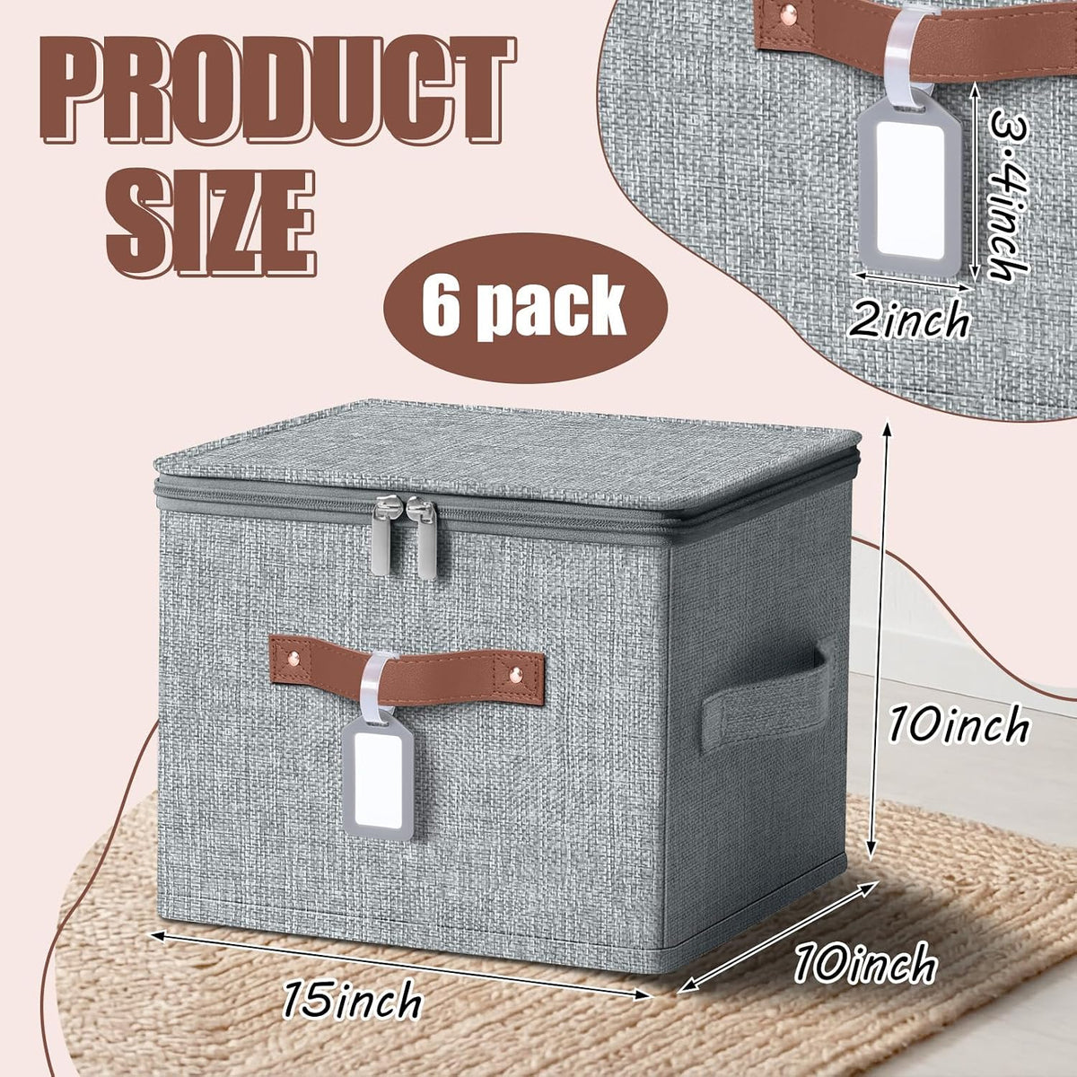 6 Pack Fabric Closet Storage Bins with Lids, 15×10×10 in, Gray
