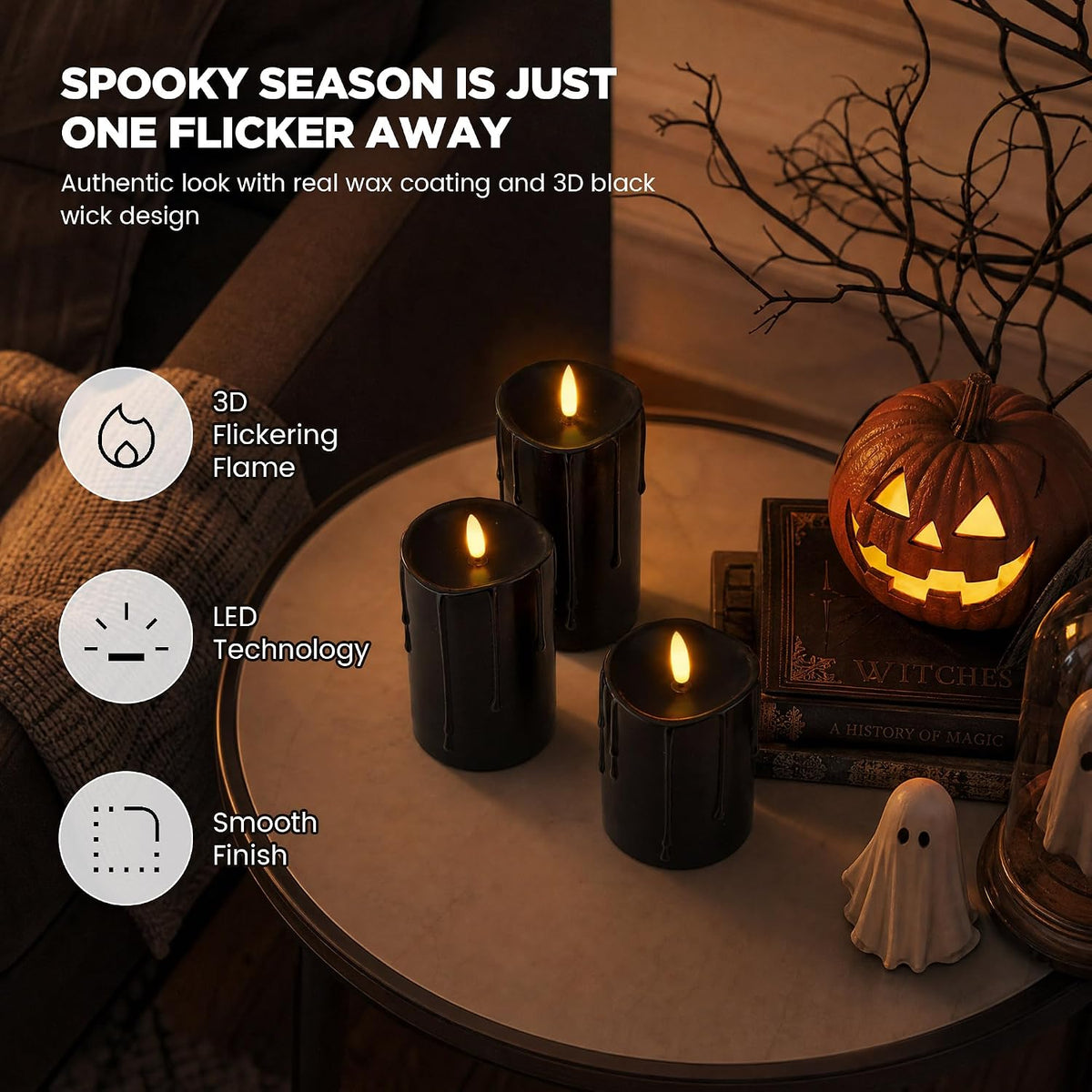 Halloween Black Dripping Wax Flameless Pillar Candles with Remote, Set of 3