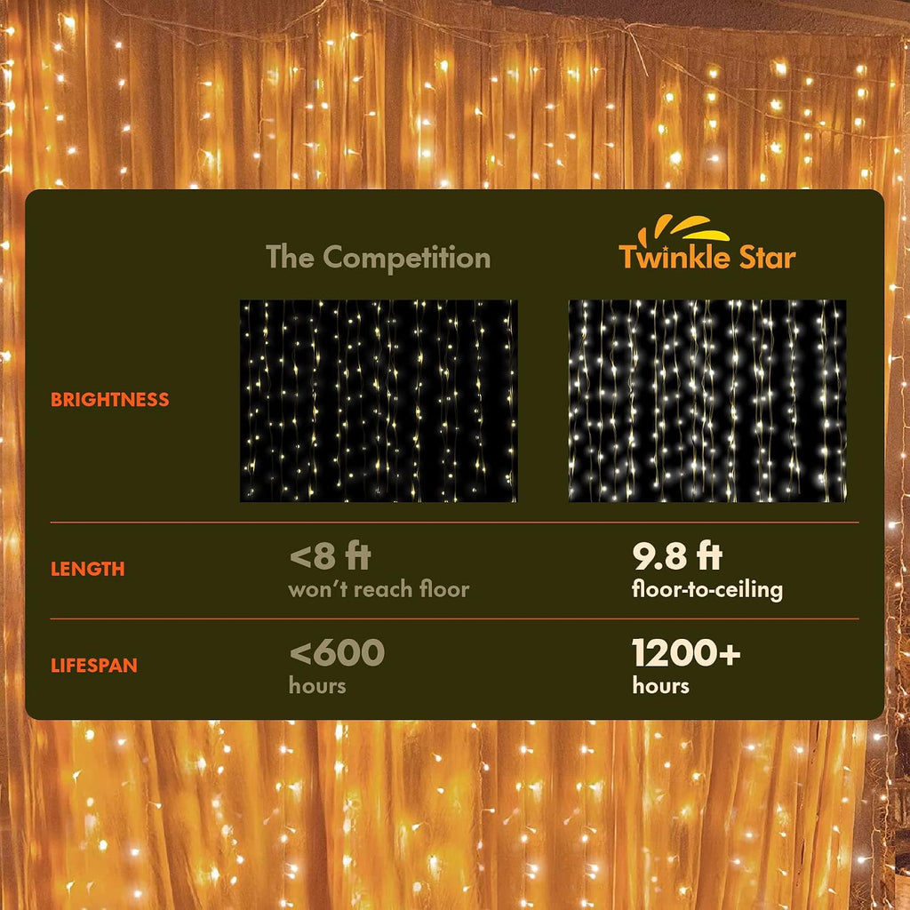 Twinkle Star 300 LED Curtain String Lights, Warm White
