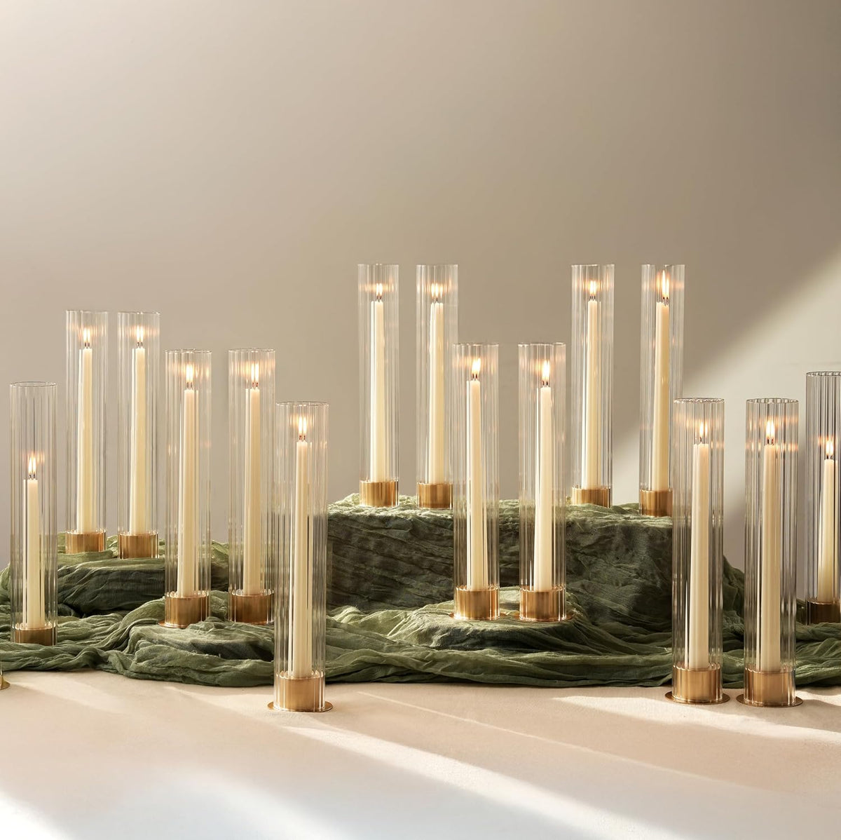 NUPTIO Hurricane Glass Candle Holders, Set of 18 Gold Taper Candle Holders