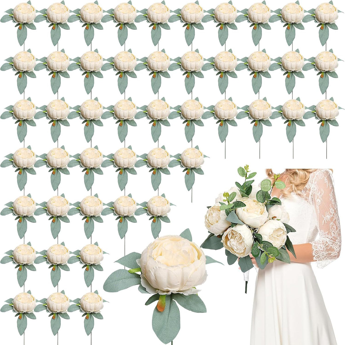 50Pcs Artificial Peonies Flowers Bulk, 4’’ - Champagne