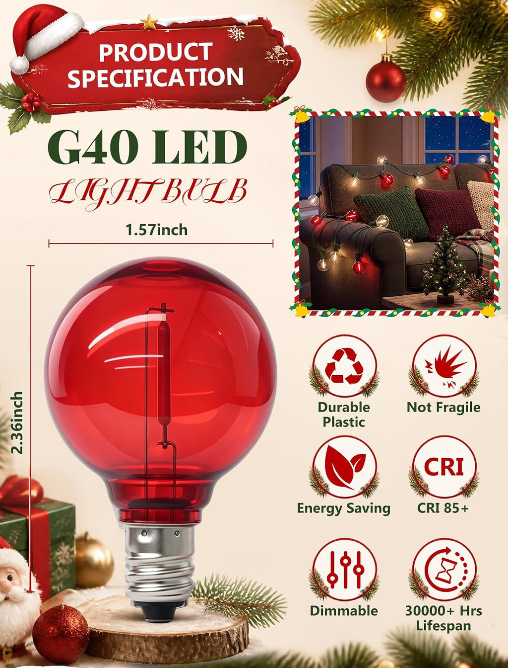 25 Pack G40 LED Clear and Red Replacement Light Bulbs, E12 Candelabra Base
