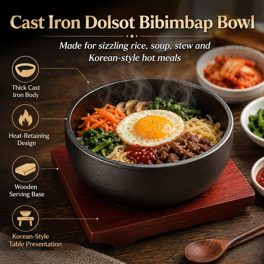 XICHENGSHIDAI Cast Iron Dolsot Bibimbap Bowl, 31 Oz, Wooden Base