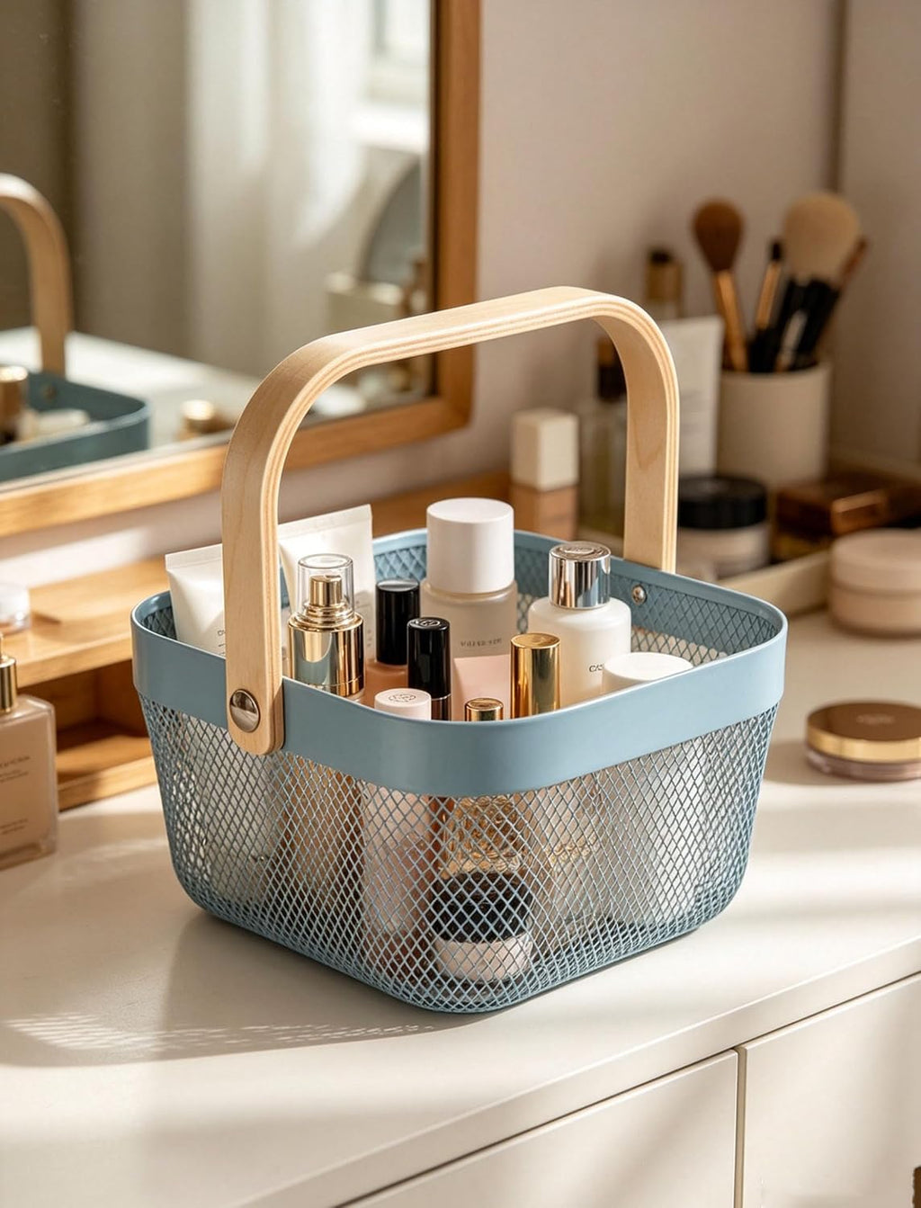 AJIODA Metal Mesh Wire Basket, Mini Steel Basket with Wooden Handle Storage Organizer Basket Multi-functional Hanging Kitchen Baskets Fruit Baskets for Kitchen Bathroom Cabinet Pantry Snacks, Blue