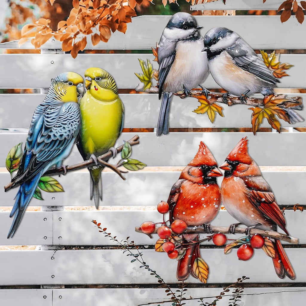 YOADEHOA 3Pcs Metal Wall Art Decor Birds on Branch, 3D Colorful Bird Outdoor Hanging Wall Art Patio Fence Decorations, Hummingbird Wall Sculptures for Indoor Outdoor Garden Garden (Birds B)