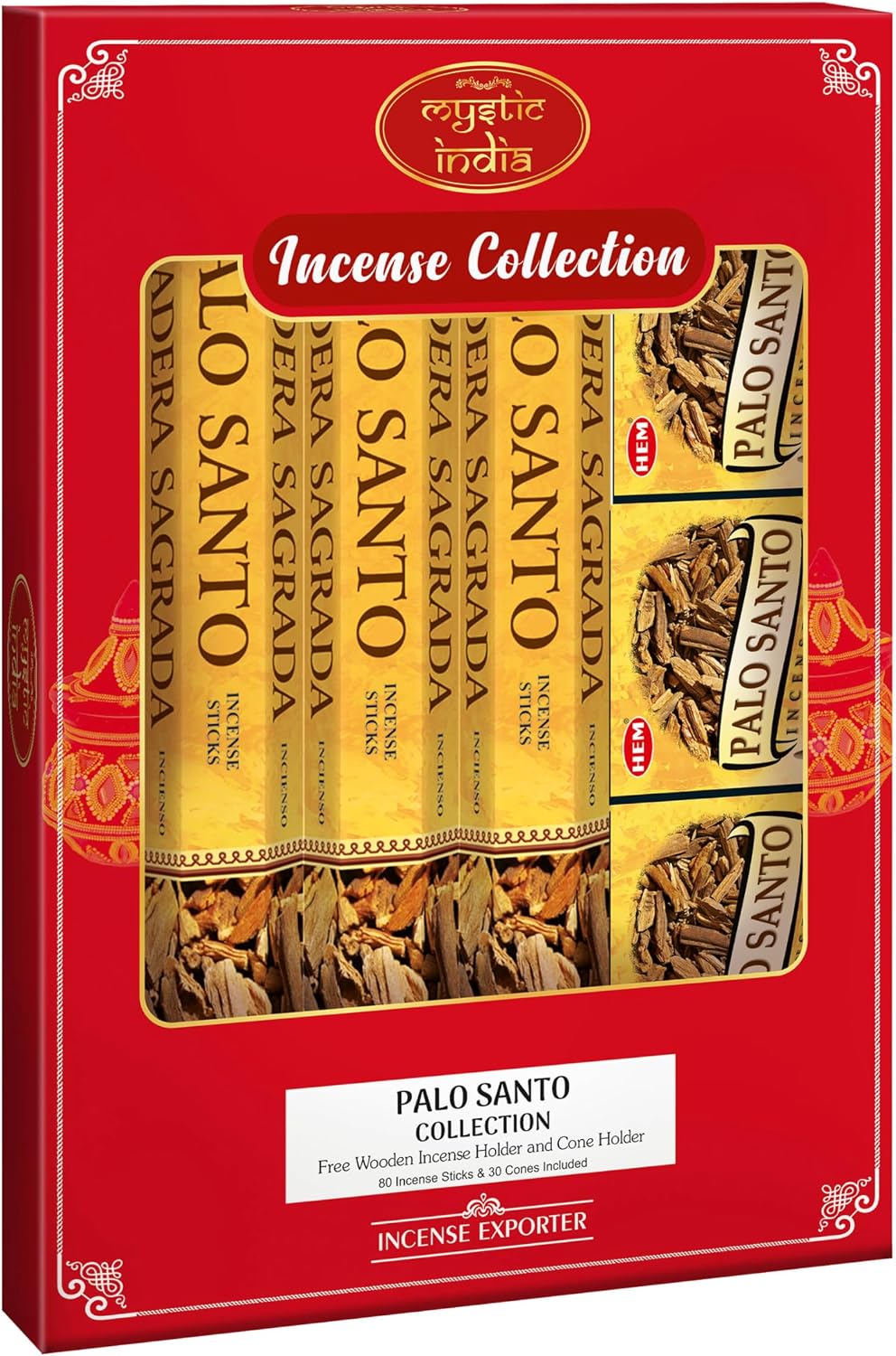 Mystic India - Hem Incense Palo Santo 4 Tube Hexa & 3 Box Cones with Free Incense Holder & Cone Holders