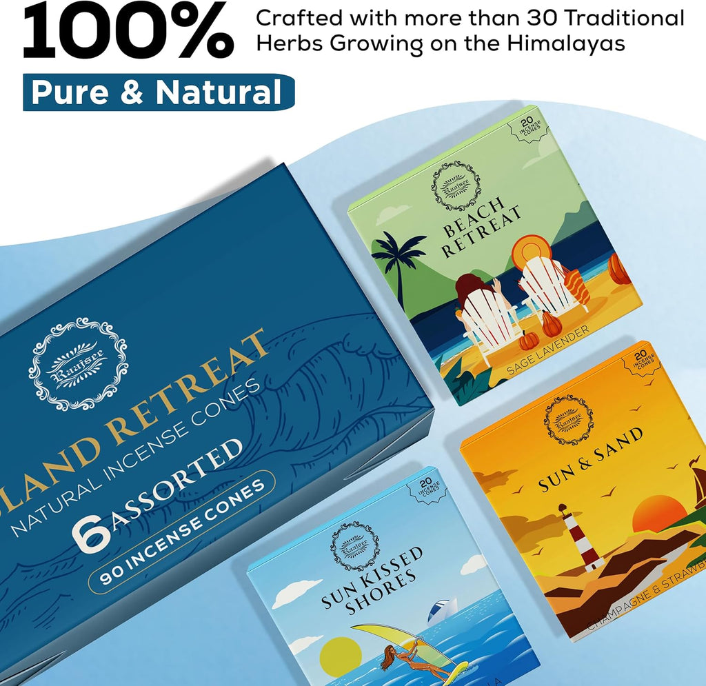 Raajsee Incense Cones, 6 Pack Island Retreat Cone Gift Pack 15 pc Each (90 Total), Insence Cones Variety Pack, 100% Organic Non Toxic Natural - Free from Chemicals