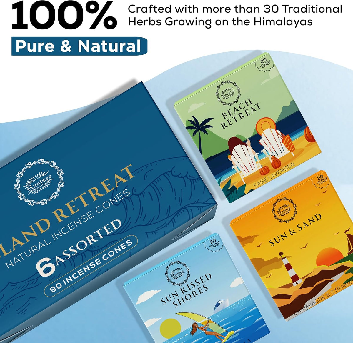 Raajsee Incense Cones, 6 Pack Island Retreat Cone Gift Pack 15 pc Each (90 Total), Insence Cones Variety Pack, 100% Organic Non Toxic Natural - Free from Chemicals