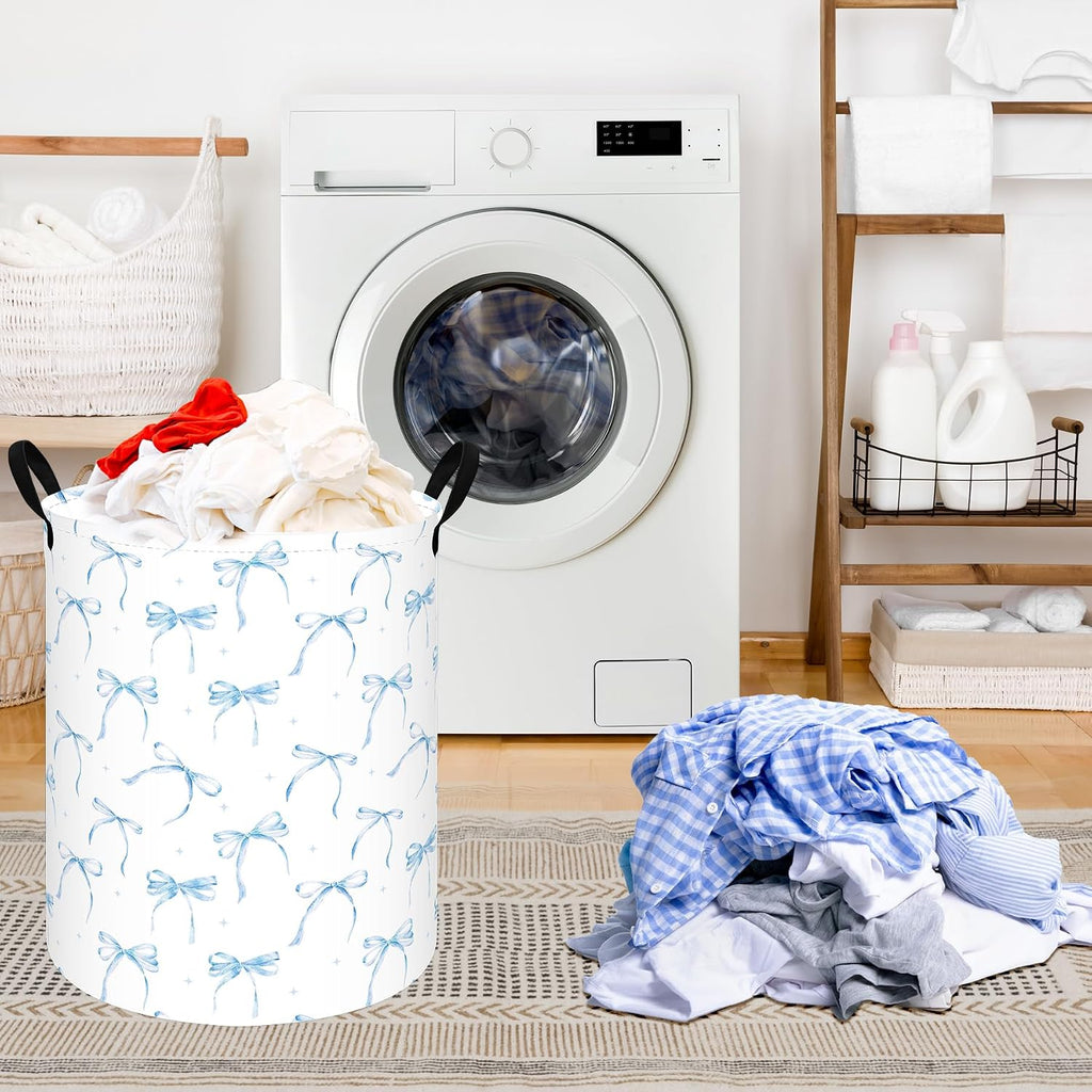 Blue Bow Laundry Hamper for Girls Room, Foldable Toy Storage Basket