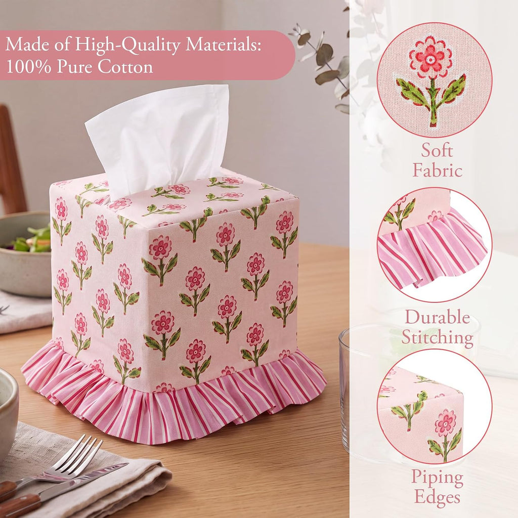 Pink Blockprint Floral Ruffle Tissue Box Cover Block Printed