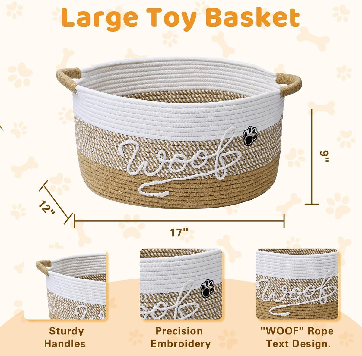 Woof Dog Toy Basket with Handles, Large Dog Toy Storage Bin with Paw Print, Woven Dog Basket for Blankets, Toys, Chews, Pet Toy Box for Nursery, Living Room, Bedroom, 17”x12”x9, Yellow