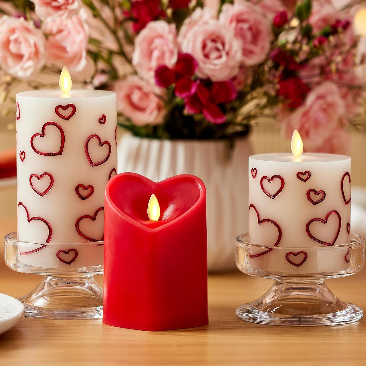 Luminara Debossed Hearts Pillar Candle Metallic Red - Patented Flickering Flameless Technology - Valentine's Day Collection - Remote Ready - 6.5"