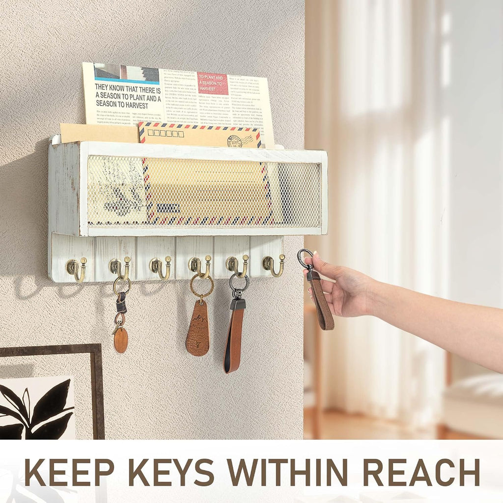 Rebee Vision Key Holder Wall Mount with Mail Basket for Entryway, Whitewash
