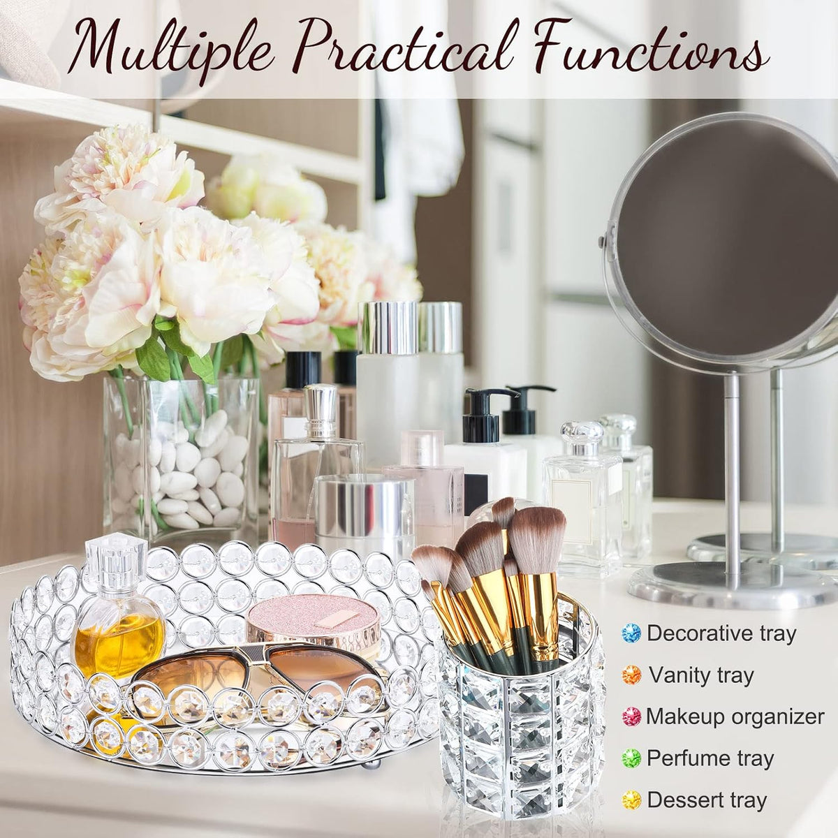 Potchen 3 Pcs Crystal Vanity Tray Mirrored Makeup Brush Holder, Round
