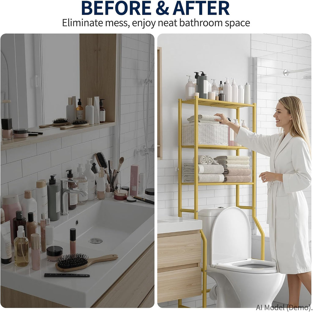 GloTika 3-Tier Over Toilet Storage, Anti-Wobble, Gold