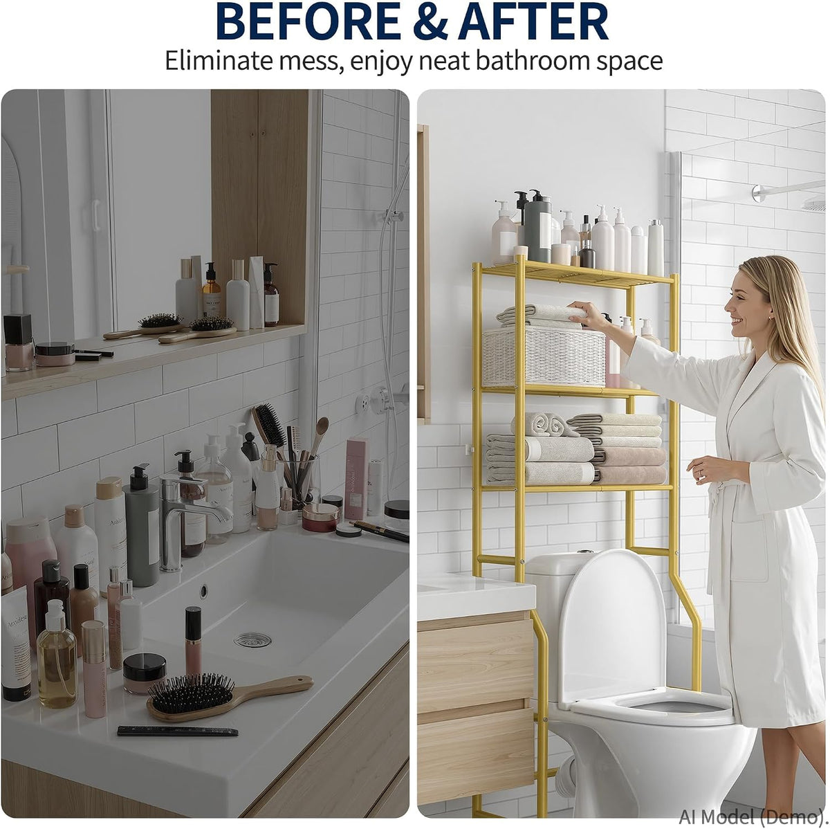 GloTika 3-Tier Over Toilet Storage, Anti-Wobble, Gold