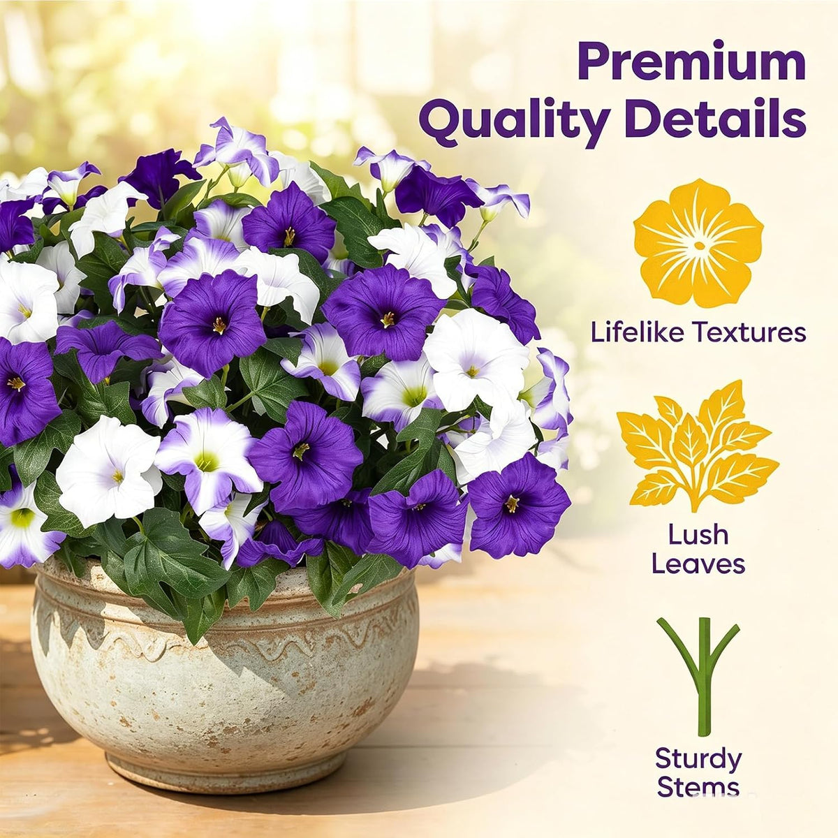 Artificial Flowers for Outdoors, Faux Petunias Spring Summer Decoration, Fake Flowers Plants UV Resistant Look Real Silk Flowers for Outside Planter Front Door Porch Patio Yard (Purple+White)