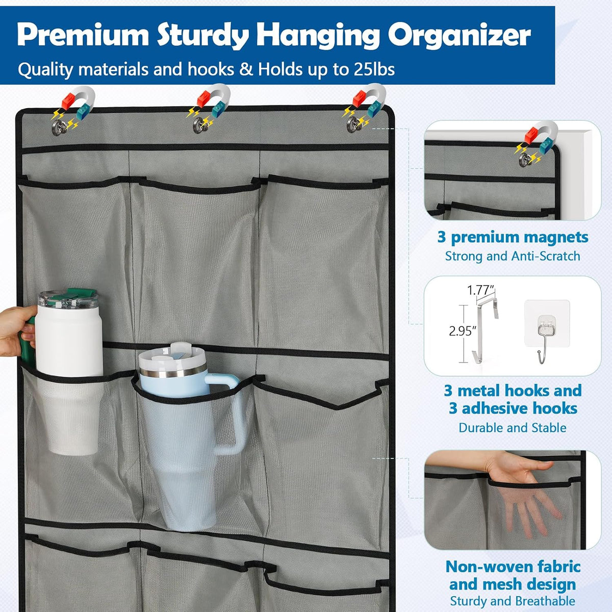 Over The Door Cruise Ship Organizer with 15 Size-Graded Pockets Grey