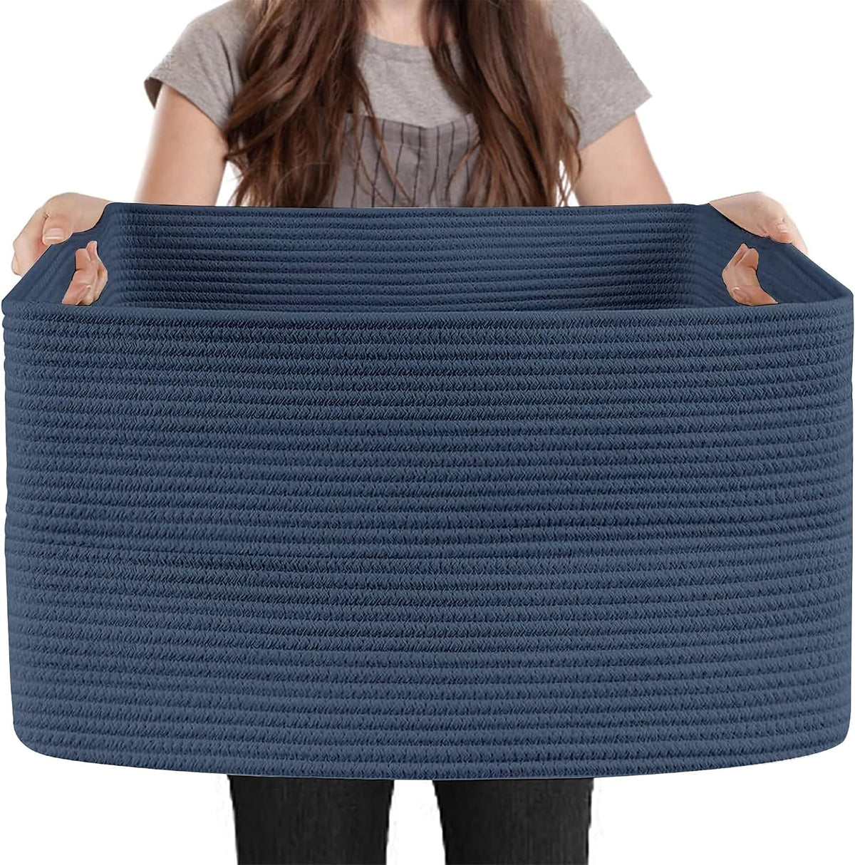 MEGASKET Extra Large Rectangle Storage Basket, 23.6" x 17" x 12" Dark Blue Blanket Storage for Living Room, Large Woven Cotton Rope Storage Box, Soft Kids Toy Basket Organizer Bin, Big Wicker Basket