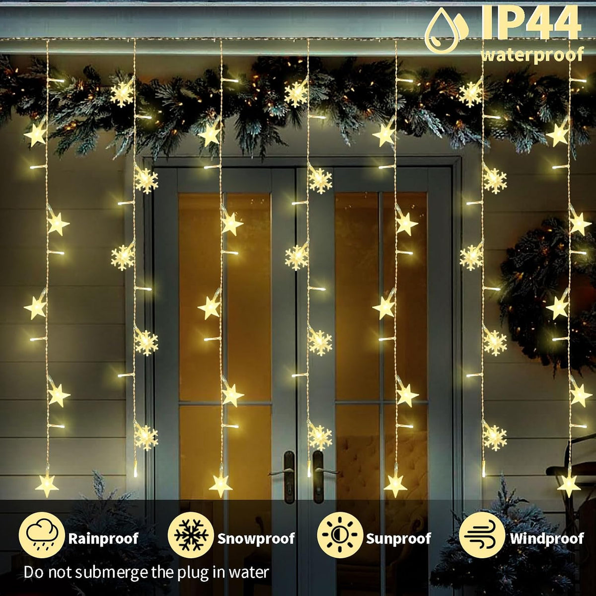 Newhale 8 Modes Christmas Curtain String Lights with Snowflake and Star, USB Plug in Wall Lights Christmas Decorations Indoor, Xmas Window Light Decor, Warm White