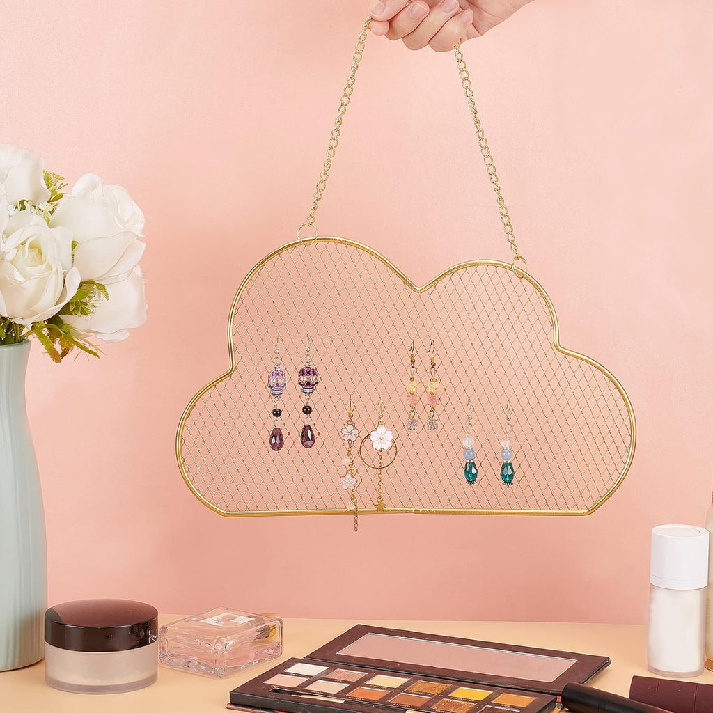 PH PandaHall Wall Jewelry Organizer, Stud Earring Holder Hanging Necklace Bracelet Display Stand with 10 Hooks Decorative Cloud Organizer for Necklaces Bracelets Small Grid for Stud Earring