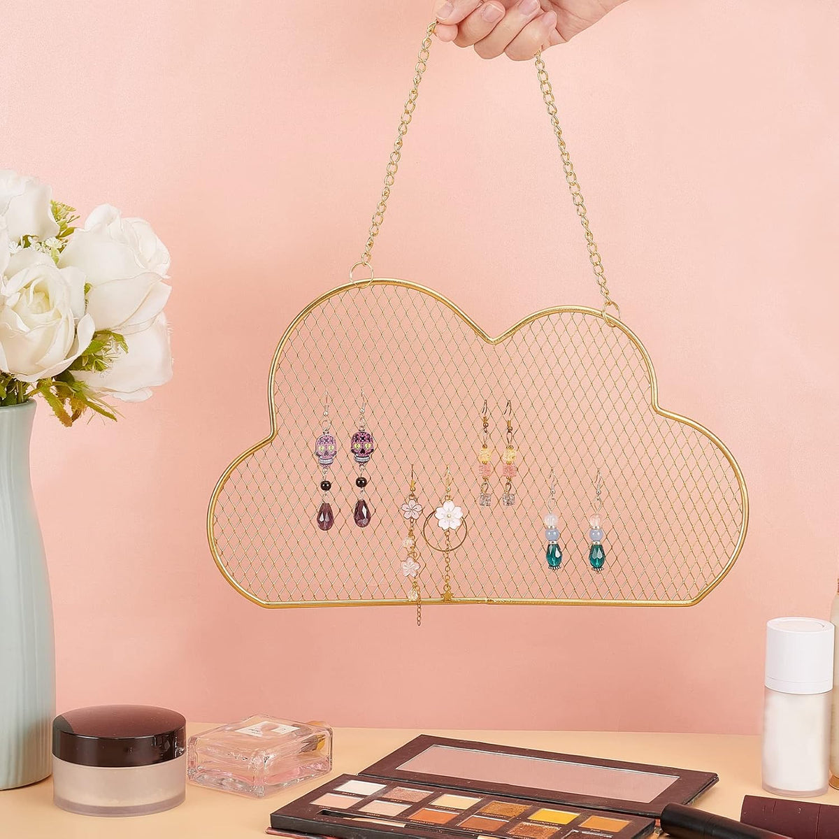 PH PandaHall Wall Jewelry Organizer, Stud Earring Holder Hanging Necklace Bracelet Display Stand with 10 Hooks Decorative Cloud Organizer for Necklaces Bracelets Small Grid for Stud Earring