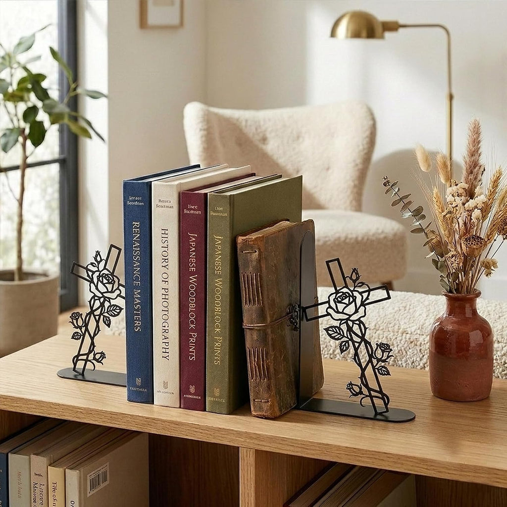 Metal Decorative Bookends Christian Cross Rose Book Ends for Shelves Faith Home Office Library Desk Decor Christian Gift for Book Lovers(Floral Cross)