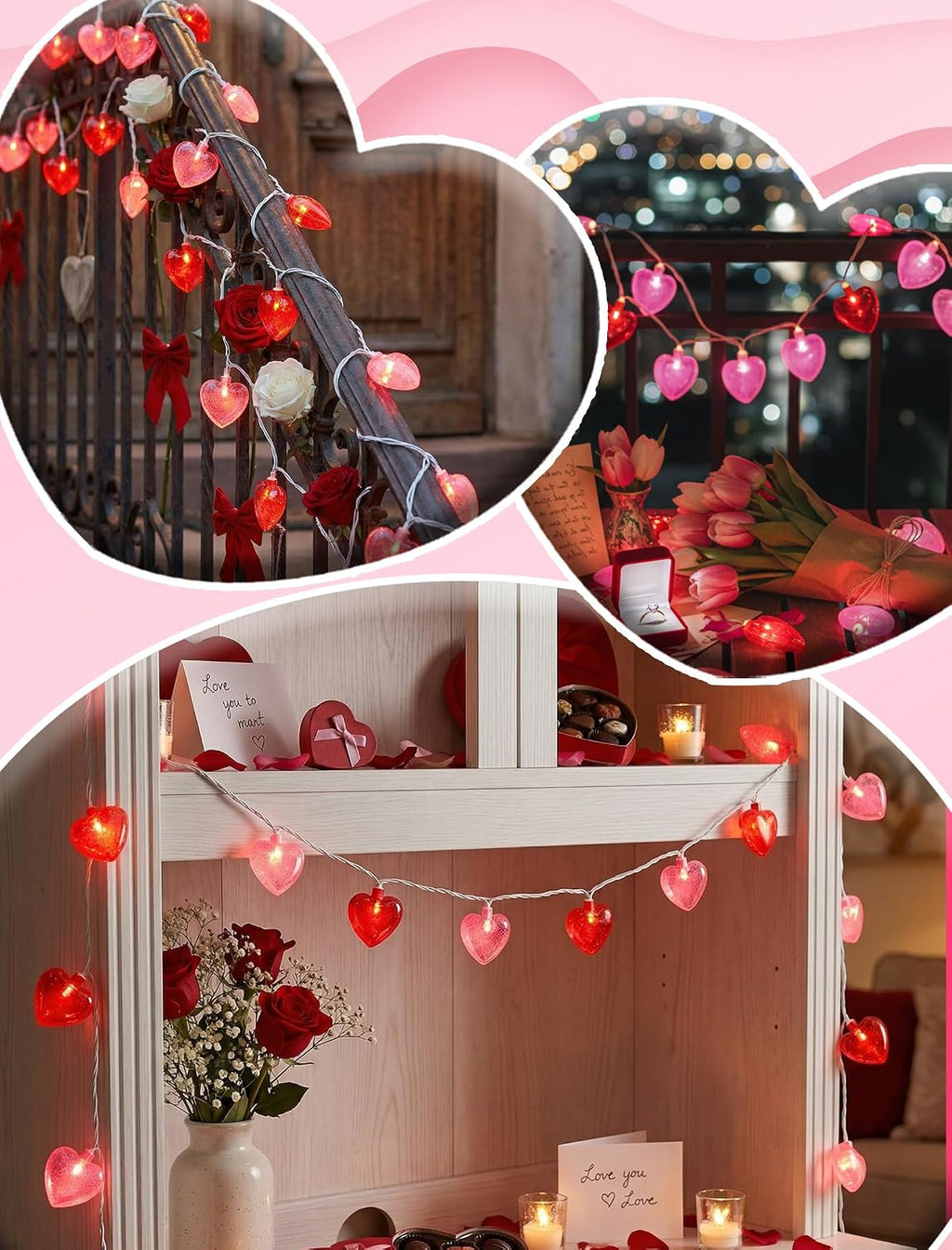 LED Heart String Lights, 8.5Ft Valentine's Day Heart String Lights with 10 Red /Pink Hearts, Romantic Love Heart Lights for Valentine's Day, Mother's Day, Party Decor, Wedding, Holiday Decorations