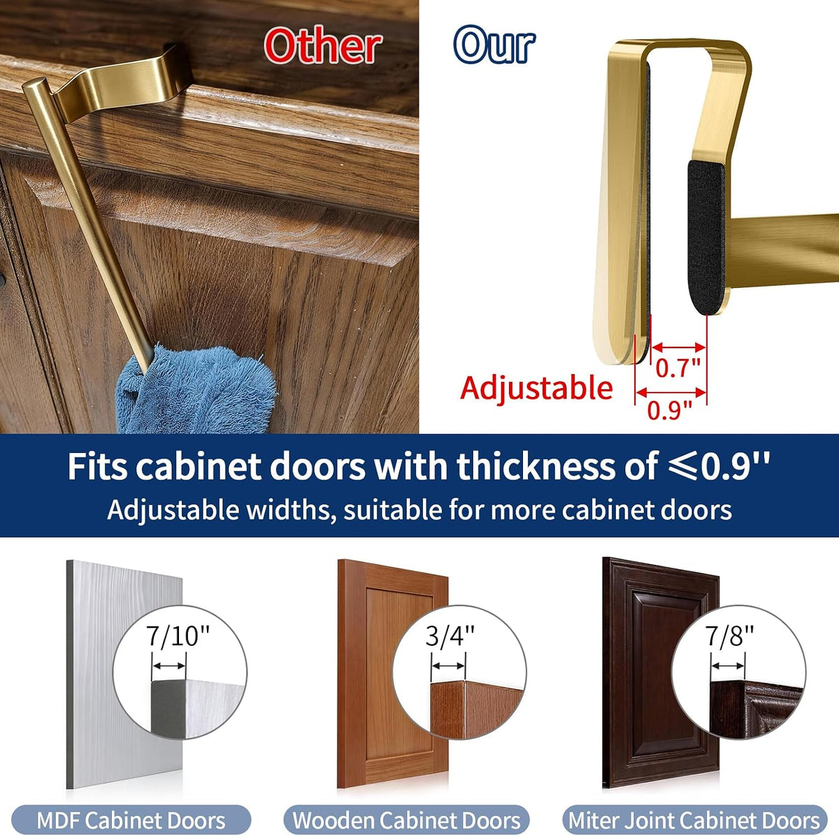 STWWO Gold Over Cabinet Towel Holder for Kitchen Cabinet Door, 2 Pack Bars