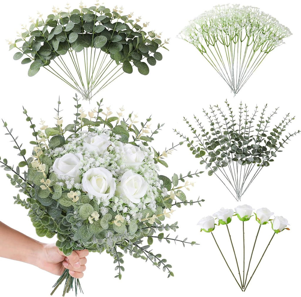 60 Pcs 4 Kinds Mixed Artificial Eucalyptus Greenery Stems Flowers Bulk