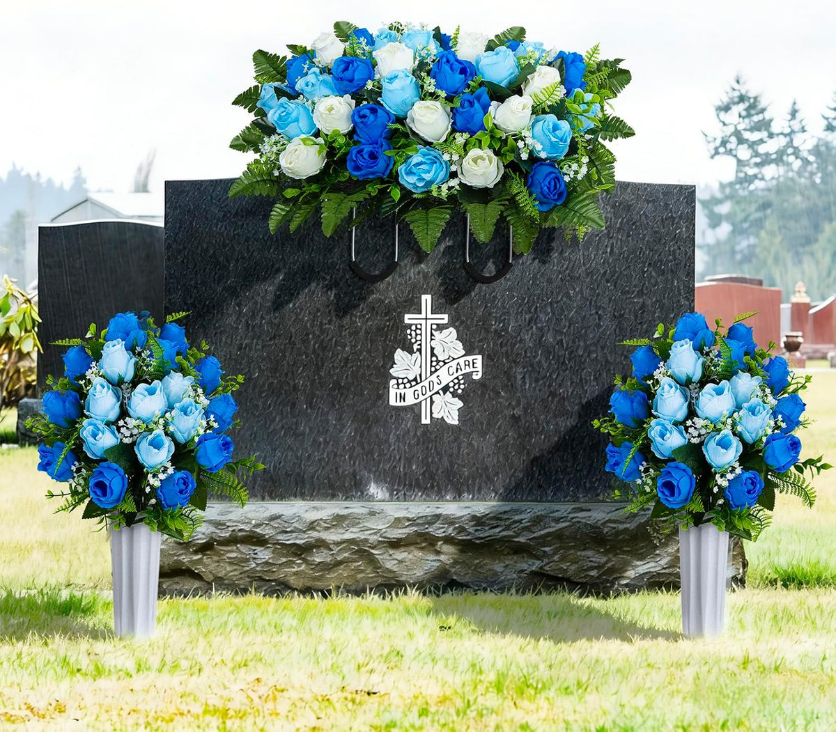 Artificial Cemetery Flowers Saddle Grave Memorial Rose Flowers with Vase for Cemetery Headstones Gravesites Decoration (White&Blue, 1 Saddle & 2Bouquets with Vase)