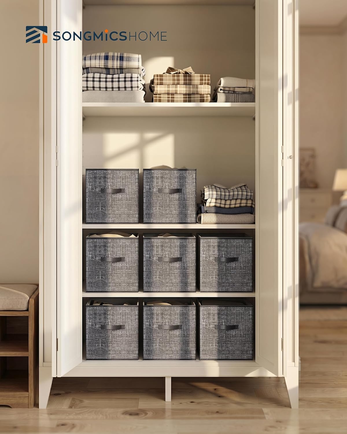 SONGMICS HOME Foldable Storage Cubes Set of 8, Fabric Shelf Organizer Bins with Handles, Closet Storage Boxes for Clothes, 10.4 x 10.4 x 11.2 Inches, Gray