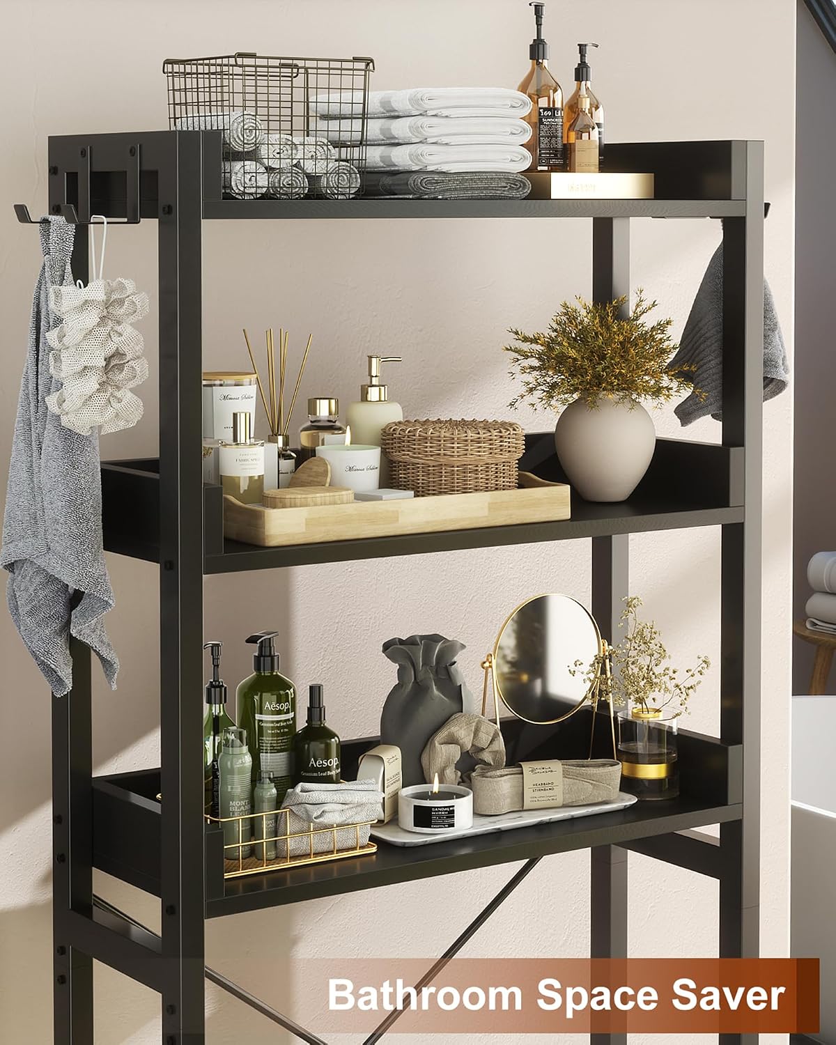 Ecoprsio Over-The-Toilet Storage Rack, 3-Tier Bathroom Organizer Shelf Over Toilet, Freestanding Space Saver Toilet Stands with 4 Hooks, Black