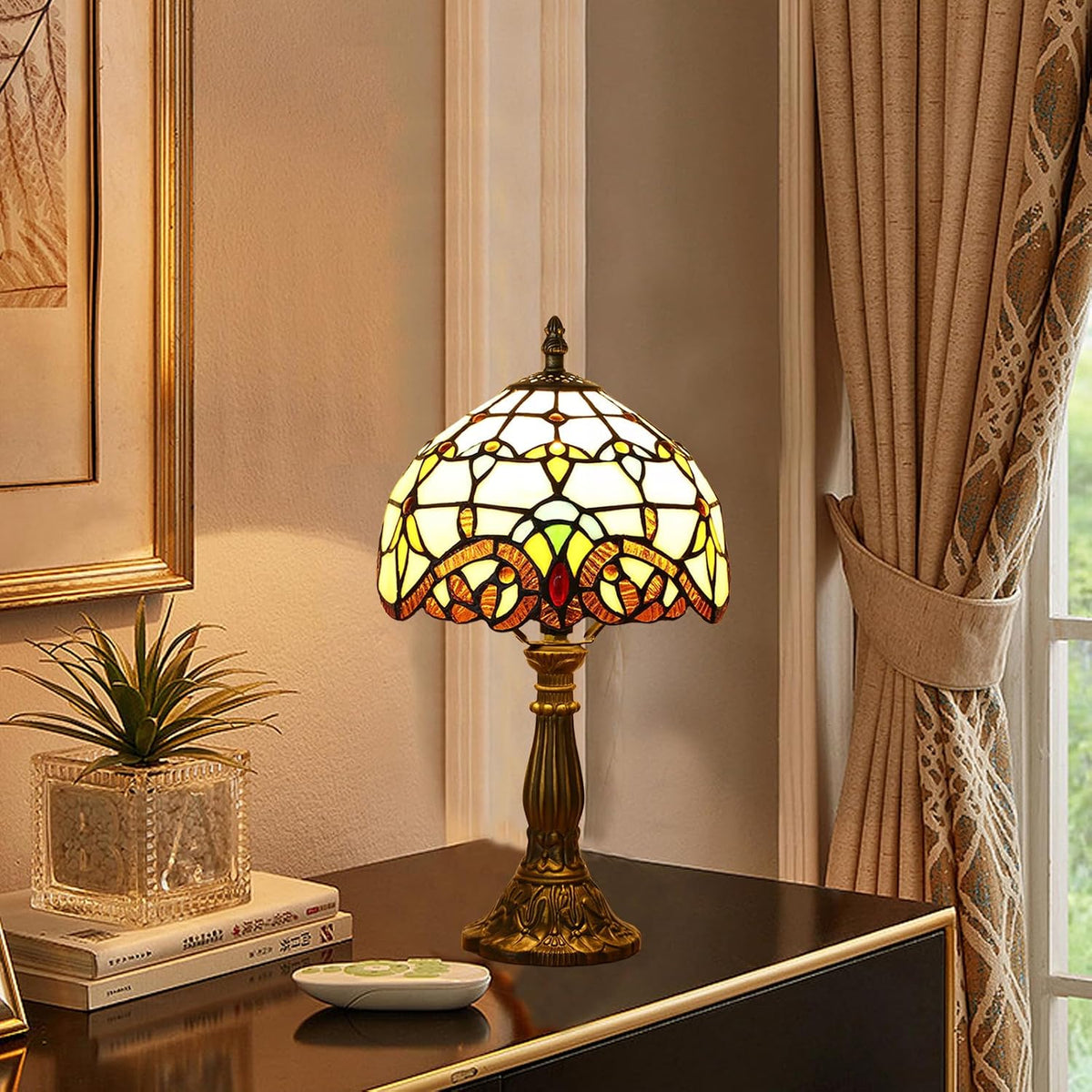 Tiffany Style Table Lamp, Baroque Style Stained Glass Lamp, 8 Inch Small Antique Lamp, for Bedside Nightstand Bedroom Living Room Home Office, Include LED Bulb