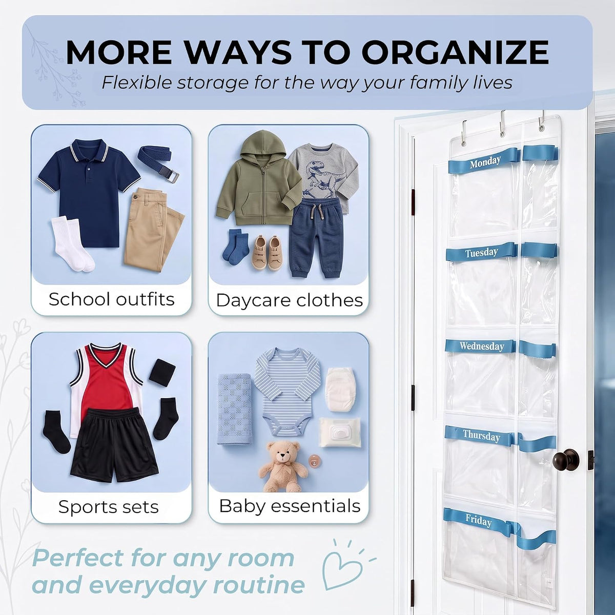 Over the Door Weekly Clothes Organizer for Kids, Days of the Week (Blue)