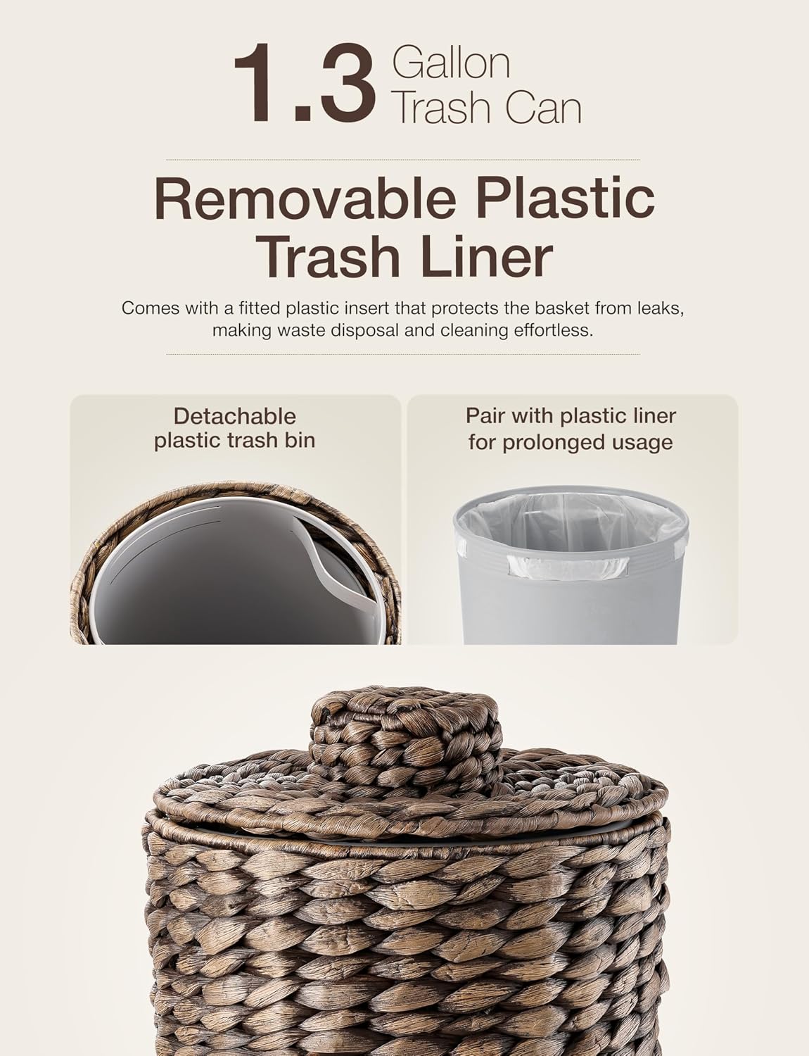 Tidita Wicker Trash Can with Lid, Wicker Waste Basket 1.5Gallon,Black Color