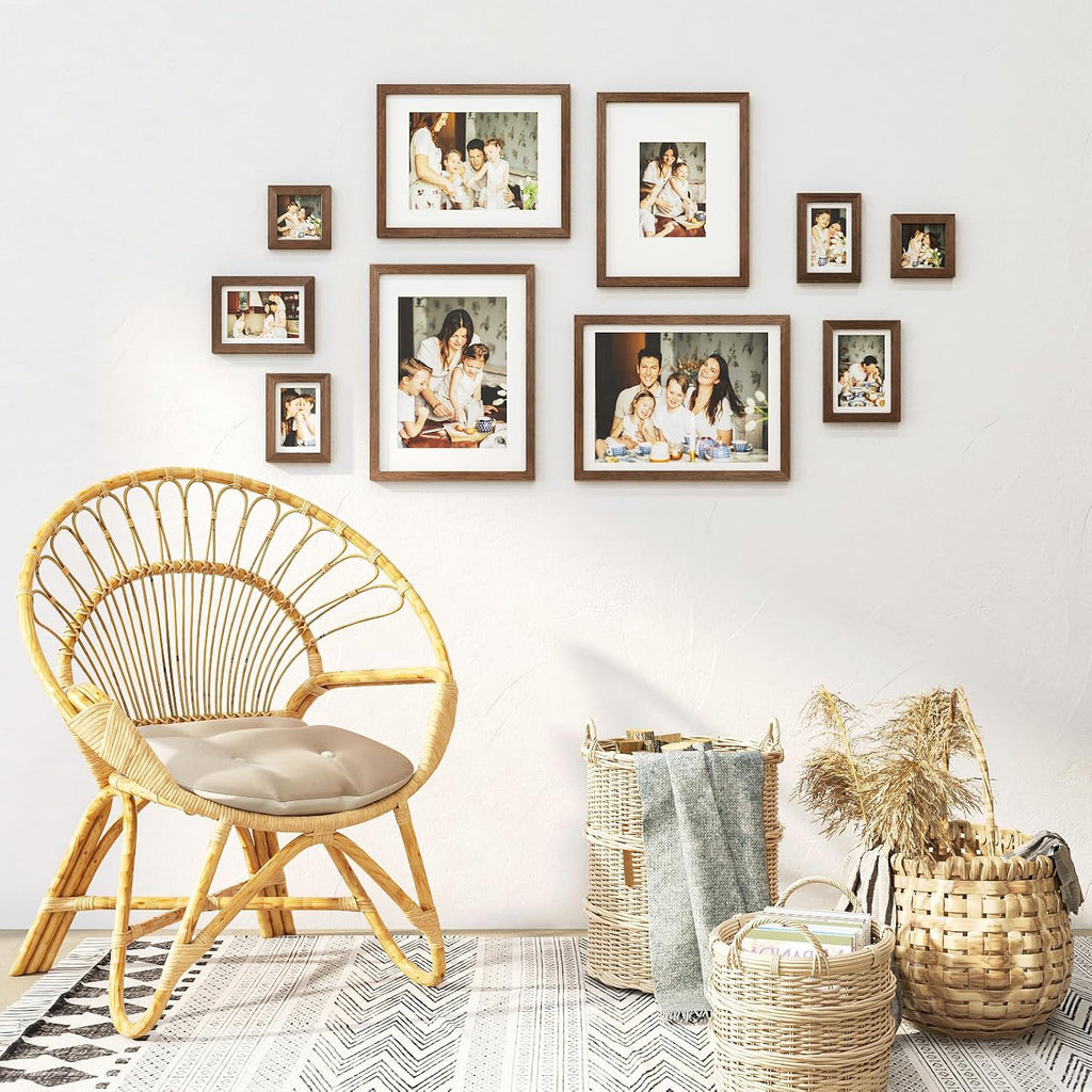 Egofine Picture Frame Set 10 Pack, Picture Frames Collage Wall Decor with Two 12x16,Two 11x14,Two 5x7,Two 4x6,Two 4x4 for Wall and Tabletop, Made of Solid Wood, Covered by Plexiglass, Rustic Brown