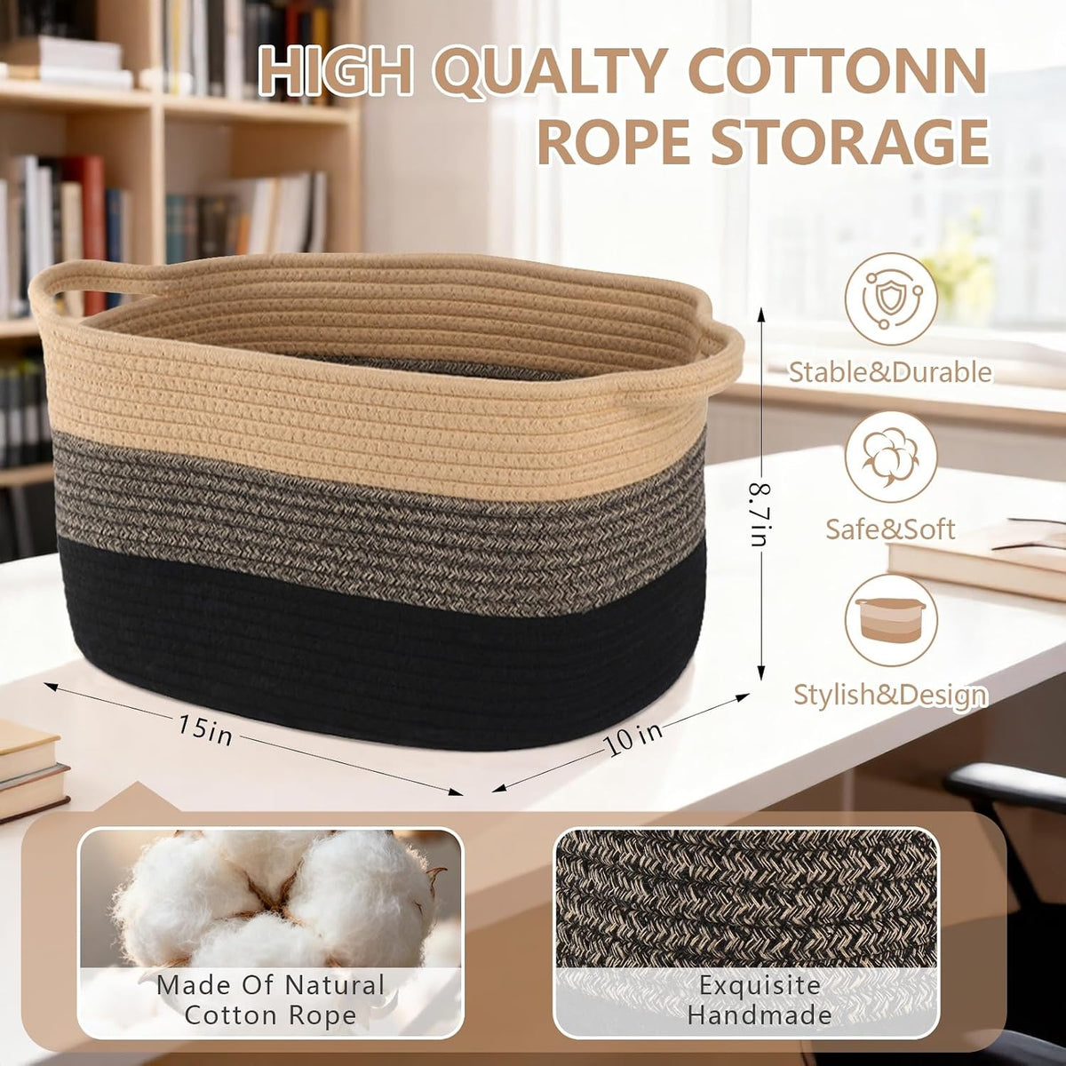 Cotton Rope Braid Storage Basket for Baby Carrier Toy Storage Bag Gift Basket for Kids Laundry Basket Baby Blanket Storage Measures 15x10x10 inches. (Brown Brown)