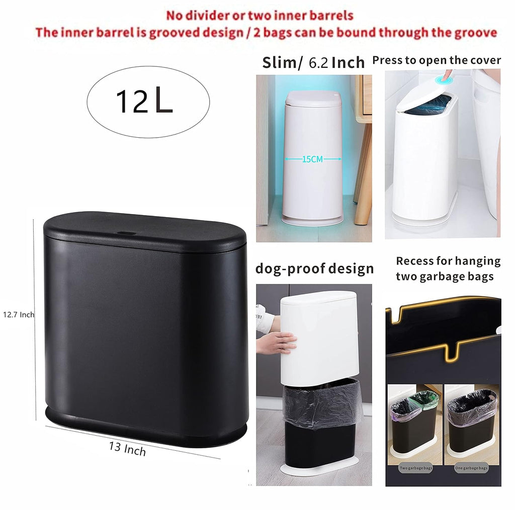 12L Black Slim Bathroom Trash Can with Press Top Lid,3.17 Gallon Pet/Dog Proof Kitchen Trash Can,Thin Garbage Can,Covered Wastebasket,Narrow Small Plastic Trashcan for Craft Room,Bedroom,Office,Dorm