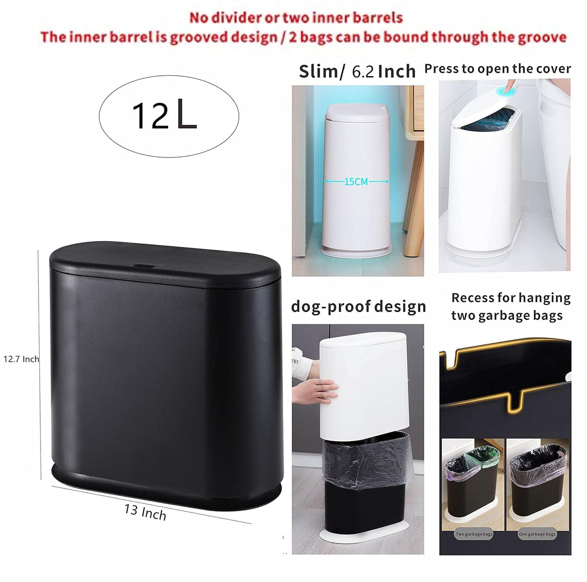 12L Black Slim Bathroom Trash Can with Press Top Lid,3.17 Gallon Pet/Dog Proof Kitchen Trash Can,Thin Garbage Can,Covered Wastebasket,Narrow Small Plastic Trashcan for Craft Room,Bedroom,Office,Dorm