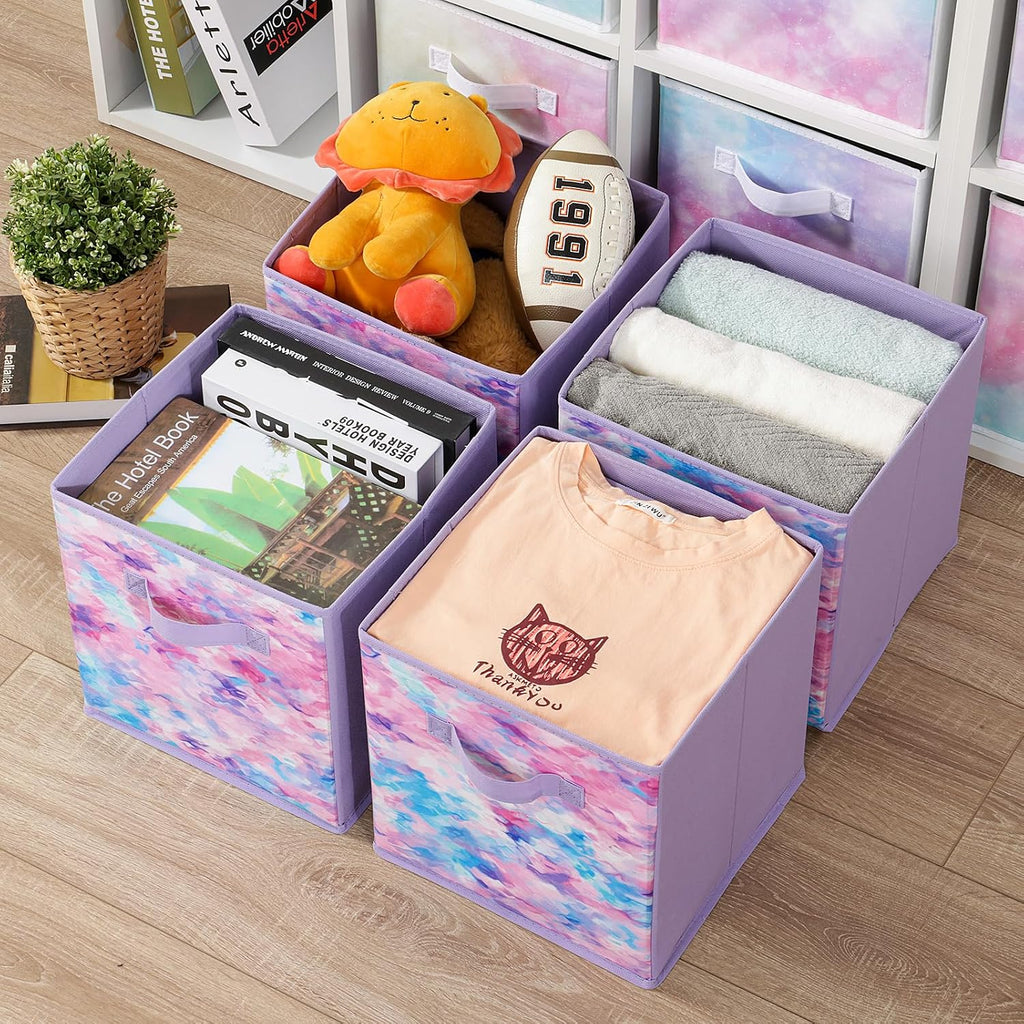 Stero Fabric Storage Cubes, 6 Pack Foldable Storage Bins with Handle, 11 Inch Box for Shelves, Closet, Organizer, Tie-dye Purple