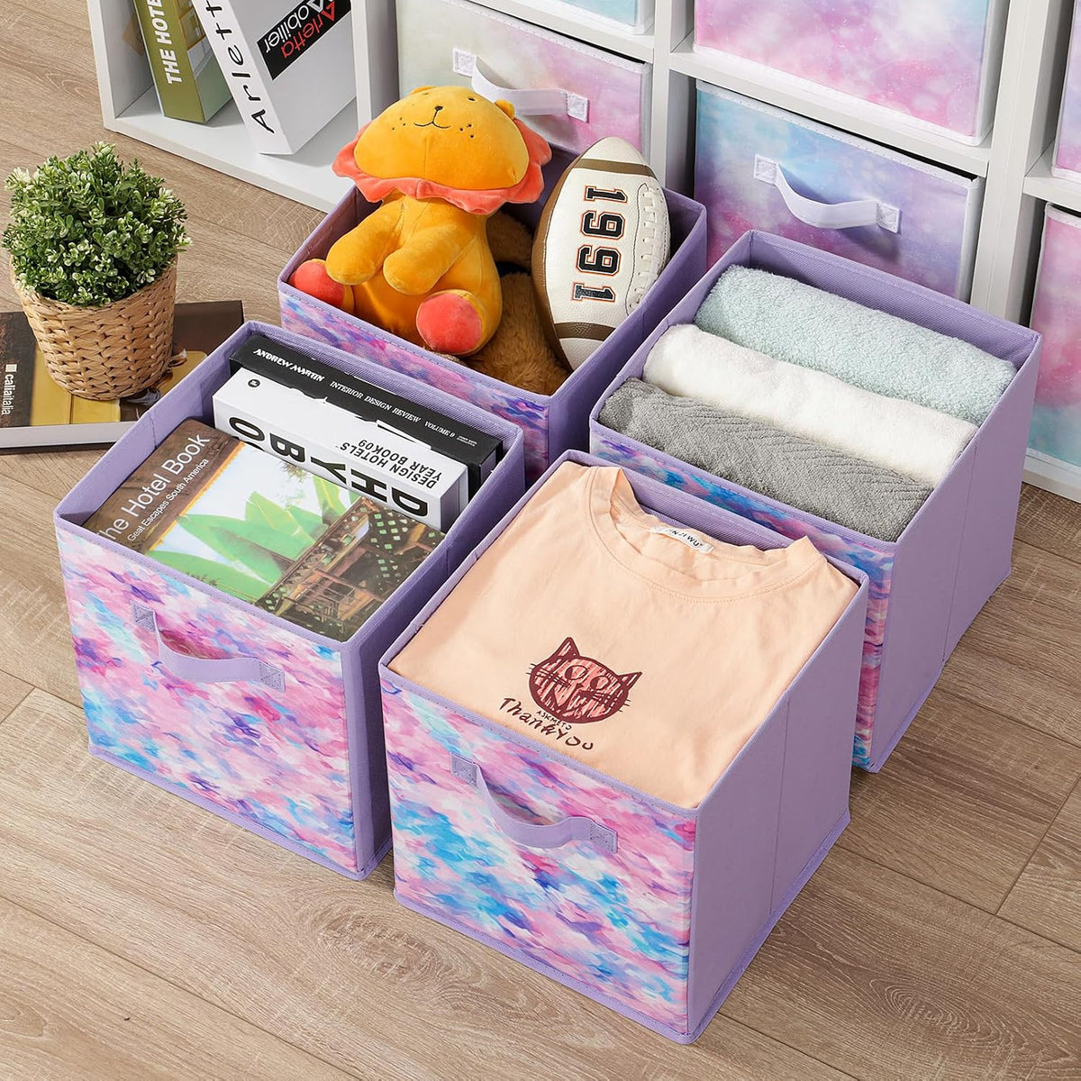Stero Fabric Storage Cubes, 6 Pack Foldable Storage Bins with Handle, 11 Inch Box for Shelves, Closet, Organizer, Tie-dye Purple