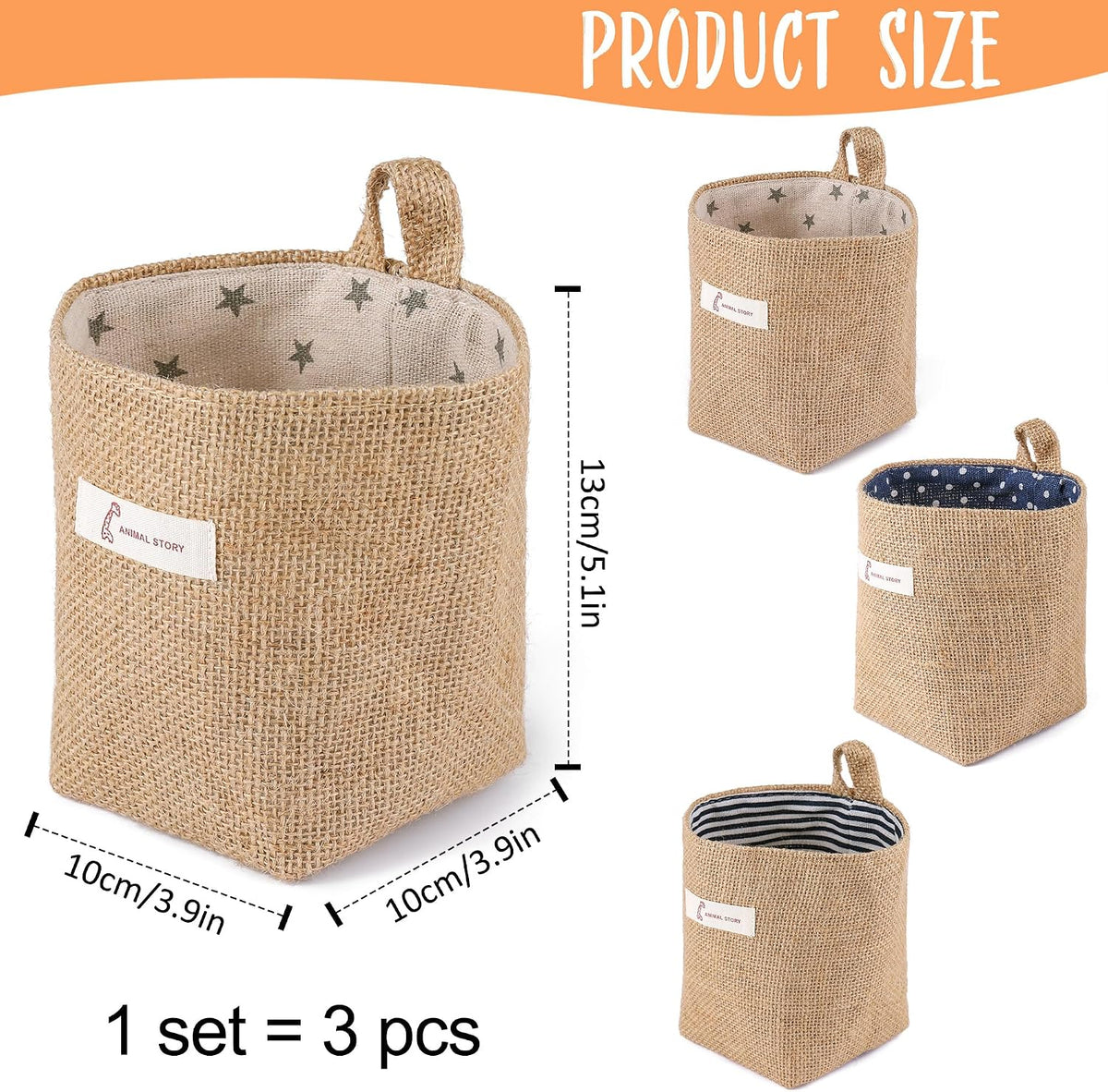 3 PCS Mini Hanging Storage Bag Cotton Linen Small Storage Basket Wall Hanging Storage Pouch Foldable Storage Box Family Organizer Decorative Bag for Key Sunglasses Snack Wallet on Door Closet Desktop