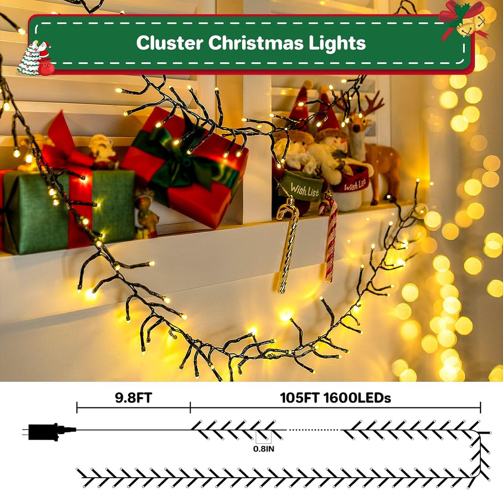 Christmas Lights Plug-in 105FT 1600 LED Cluster String Lights Outdoor Warm